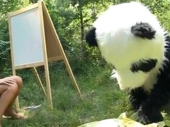 On a sunny summer day a pretty artist decided to go to the woods to paint a beautiful landscape picture. But her plans were ruined when this babe saw a huge panda bear coming near her. However, this chab turned out to be so cute and playful, the teenage hottie forgot adjacent to her painting and even let him take her raiment off. And then this babe saw panda's strap on penis, and there was solely bawdy sex on her mind. The angel widen her legs wide, letting the horny bear drill her oozing snatch with that awesome megadildo of his.
