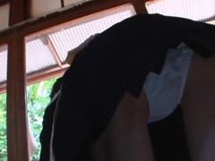 Darksome haired dude gets really aroused by watching sexy legal age teenager maid Aoba Itou and her taut a-hole as that babe bows over and cleans the abode and makes her clean his hard boner with her engulfing and ribbons skills in the kitchen on her knees and gets pleased good